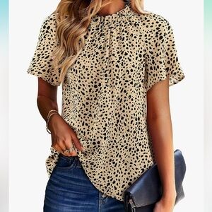 NWT Amoretu Women Leopard Print Shirts Mock Neck Short Sleeve Blouse Work Tops